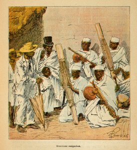 الحرب في مدغشقر - التاريخ القصصي للبعثات الفرنسية 1885-1895 بقلم هنري جالي ديت غالليشيت (1854-1922) ، رسمها لويس بومبلد (1862-1927): الموسيقيون الملغاشيون في القرن التاسع عشر ، مجموعة خاصة بواسطة تفجير لويس تشارلز