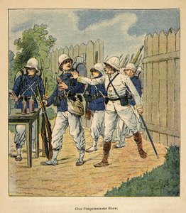 الحرب في مدغشقر - التاريخ القصصي للبعثات الفرنسية 1885-1895 بقلم هنري جالي ديت جاليشيت (1854-1922) ، رسمها لويس بومبلد (1862-1927): القوات الفرنسية في سموم شو في عام 1884 (القس الميثودي الإنجليزي الذي كان لديه ترك مسموما ب بواسطة تفجير لويس تشارلز