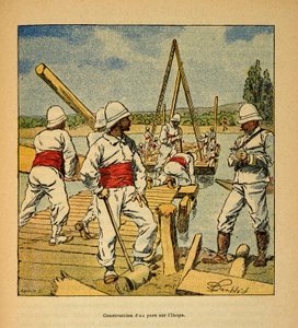 الحرب في مدغشقر - التاريخ القصصي للبعثات الفرنسية 1885-1895 بقلم هنري جالي ديت غالليشيت (1854-1922) ، رسمها لويس بومبلد (1862-1927): بناء جسر بواسطة الجني على نهر إيكوبا في عام 1895 ، مجموعة خاصة بواسطة تفجير لويس تشارلز
