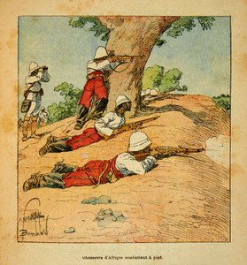 الحرب في مدغشقر - التاريخ القصصي للبعثات الفرنسية 1885-1895 بقلم هنري جالي ديت جاليشيت (1854-1922) ، رسمها لويس بومبلد (1862-1927): صيادو أفريقيا يقاتلون سيرًا على الأقدام في مدغشقر عام 1895 بواسطة تفجير لويس تشارلز