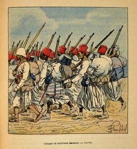 الحرب في مدغشقر - التاريخ القصصي للبعثات الفرنسية 1885-1895 بقلم هنري جالي ديت جاليشيت (1854-1922) ، رسمها لويس بومبلد (1862-1927): عمود Haoussas Tirailleurs يسير في عام 1895 ، مجموعة خاصة بواسطة تفجير لويس تشارلز