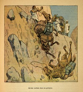 الحرب في مدغشقر - التاريخ القصصي للبعثات الفرنسية 1885-1895 بواسطة هنري جالي ديت جاليشيت (1854-1922) ، مصور من قبل لويس بومبلد (1862-1927): تماثيل قافلة عسكرية تسقط في الهاوية ، مجموعة خاصة بواسطة تفجير لويس تشارلز