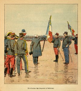 الحرب في مدغشقر - التاريخ القصصي للبعثات الفرنسية 1885-1895 بقلم هنري جالي ديت جاليشيت (1854-1922) ، مصور من قبل لويس بومبلد (1862-1927): توزيع الأعلام في ساتوناي على القوات المغادرة إلى مدغشقر في عام 1895 في العرض بواسطة تفجير لويس تشارلز