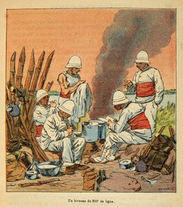The War in Madagascar-Anecdotal History of the French Expeditions of 1885-1895 by Henri Galli dit Galllichet (1854-1922), illustrated by Louis Bombled (1862-1927): A bivouac of the 200 th line in Madagascar in 1895, Private Collection بواسطة تفجير لويس تشارلز