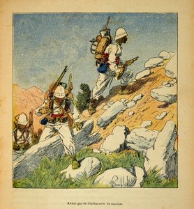 الحرب في مدغشقر - التاريخ القصصي للبعثات الفرنسية 1885-1895 بقلم هنري جالي ديت جاليشيت (1854-1922) ، رسمها لويس بومبلد (1862-1927): طليعة المشاة في مدغشقر في عام 1895 ، مجموعة خاصة بواسطة تفجير لويس تشارلز