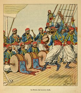 الحرب في مدغشقر - التاريخ القصصي للبعثات الفرنسية 1885-1895 بقلم هنري غالي ديت غاليشيت (1854-1922) ، رسمها لويس بومبلد (1862-1927): لا نوبا دي تركوس على متن السفينة التي تبحر إلى مدغشقر ، مجموعة خاصة بواسطة تفجير لويس تشارلز