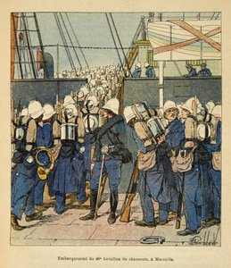 الحرب في مدغشقر - التاريخ القصصي للبعثات الفرنسية 1885-1895 بواسطة هنري جالي ديت جاليشيت (1854-1922) ، رسمها لويس بومبلد (1862-1927): دخول الكتيبة المقاتلة الأربعين في مرسيليا إلى مدغشقر في عام 1895 ، خاص كولي بواسطة تفجير لويس تشارلز