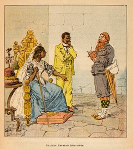الحرب في مدغشقر - التاريخ القصصي للبعثات الفرنسية 1885-1895 بواسطة هنري جالي ديت غالليشيت (1854-1922) ، مصور من قبل لويس بومبلد (1862-1927): أجرى صحفي إنجليزي مقابلة مع الملكة رافانالو في عام 1895 في حضور رئيسه. مينست بواسطة تفجير لويس تشارلز