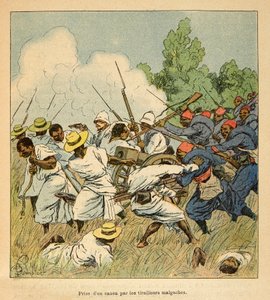 الحرب في مدغشقر - التاريخ القصصي للبعثات الفرنسية 1885-1895 بواسطة هنري جالي ديت غالليشيت (1854-1922) ، رسمها لويس بومبلد (1862-1927): استولت الملغاشية على مدفع خلال معارك أمبولومونتي في عام 1895 ، مجموعة خاصة بواسطة تفجير لويس تشارلز
