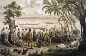 سباقات Pirogue على نهر Bassac ، من "Atlas du Voyage d&39;Exploration de l&39;Indochine" بواسطة Doudart de Lagree (1823-68) ، نُشرت في باريس عام 1874 (انظر 232562 لمزيد من التفاصيل)