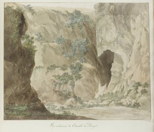 Buitenwand van de grot Ear of Dionysius منظر خارجي لأذن ديونيسيوس (العنوان على الكائن) رحلات في إيطاليا وصقلية ومالطا - 1778 (عنوان السلسلة) بواسطة لويس دوكروس
