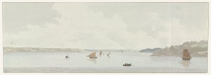 Gezicht op een deel van het Mare Piccolo منظر لجزء من Mare Piccolo ، حيث كان موقع الجسر القديم ، مصب Galesus (العنوان على الكائن) رحلات في إيطاليا وصقلية ومالطا - 1778 (عنوان السلسلة) بواسطة لويس دوكروس