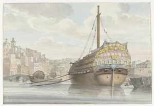 Gezicht op Haven التقى galei schip vlakbij de werf منظر لأسفل ميناء جاليير في مالث ، مأخوذ من الموقع (العنوان على الجسم) رحلات في إيطاليا وصقلية ومالطا - 1778 (عنوان السلسلة) بواسطة لويس دوكروس