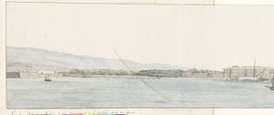 Gezicht op Haven van Messina en bergen van Calabrië vanaf kade منظر لميناء ميسينا وجبال كالابريا ، مأخوذ من الرصيف (العنوان على الجسم) رحلات في إيطاليا وصقلية ومالطا - 1778 (عنوان السلسلة) بواسطة لويس دوكروس