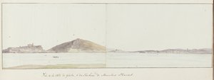 Gezicht op kust van Gaeta en mausoleum van Munatius Plancus (Lucio Munazio Planco) Vue de la côte de Gaëta ، & du Tombeau de Munatius Plancus (العنوان على الكائن) Voyage en Italie، en Sicile et à Malte - 1778 (عنوان السلسلة) بواسطة لويس دوكروس
