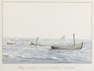 Koraalvissers voor de kust van Sicilië ter hoogte van Terra Nuova صيد المرجان على سواحل صقلية باتجاه Terra Nuova (العنوان على الكائن) رحلات في إيطاليا وصقلية ومالطا - 1778 (عنوان السلسلة) بواسطة لويس دوكروس