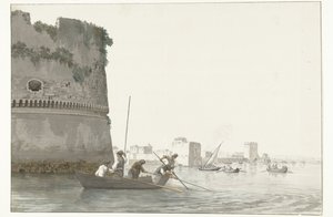 Mosselvissers op Mare Piccolo bij de vestingwerken van Taranto صيد بلح البحر في Mare piccolo of Taranto من زاوية القلعة (العنوان على الجسم) رحلات في إيطاليا وصقلية ومالطا - 1778 (عنوان السلسلة) بواسطة لويس دوكروس