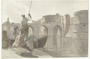 Vestingsgracht van de vestingwerken الجديدة في تارانتو منظر للخندق المائي الجديد لقلعة تارانتو (العنوان على الجسم) رحلات في إيطاليا وصقلية ومالطا - 1778 (عنوان السلسلة) بواسطة لويس دوكروس