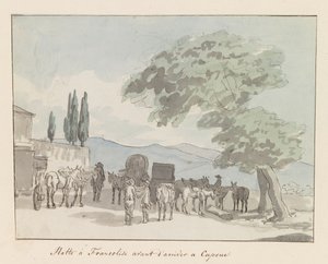 توقف في Francolisi voor aankomst في Capua توقف عند Francolisi قبل الوصول إلى Capua (العنوان على الجسم) رحلات في إيطاليا وصقلية ومالطا - 1778 (عنوان السلسلة) بواسطة لويس دوكروس
