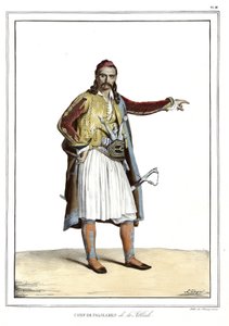 طاهي Palikares de la Scllade ، في "" رحلة إلى أثينا والقسطنطينية ، أو مجموعة من الصور والمناظر والأزياء اليونانية والعثمانية ، مرسومة على أماكن بعد الطبيعة والطباعة الحجرية والألوان بواسطة لويس دوبري (1789-1837) ، تلميذ داود. 1825. بواسطة لويس دوبري