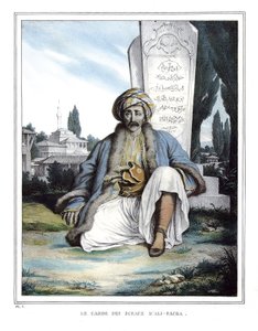 الوصي على أختام علي باشا دي جانينا (1741-1822) ، في "" رحلة أثينا والقسطنطينية ، أو مجموعة من الصور والمناظر والأزياء اليونانية والعثمانية ، التي رسمها لويس دوبري على أماكن الطبيعة والطباعة الحجرية والألوان (1789-1837) بو بواسطة لويس دوبري