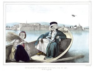 قصر وحصن جانينا من البحيرة. تركي وشاب يوناني. في "" رحلة إلى أثينا والقسطنطينية ، أو مجموعة من الصور والمناظر والأزياء اليونانية والعثمانية المرسومة على أماكن بعد الطبيعة والطباعة الحجرية والألوان بواسطة L بواسطة لويس دوبري