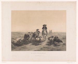 مزارع وراعي مع أبقار وأغنام في طريقهم إلى السوق En route pour le marché (العنوان على الكائن) بواسطة بينك بونور