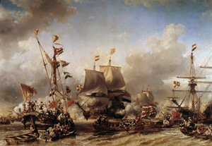 الحرب الأنجلو هولندية: "" انطلاق الأميرال الهولندي ميشيل أدريان رويتر (1607-1676) وويليام دي ويت في معركة تيكسل "" لوحة لويس غابرييل يوجين إيسابي (1803-1886) في تولون ، متحف بحري