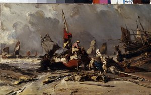 "بعد العاصفة" (بعد العاصفة) صياد يجد أسرته بعد العاصفة. لوحة لويس غابرييل يوجين إيسابي (1803-1886) 1869 Dim. 36.5x60 سم متحف هيرميتاج ، سانت بطرسبرغ بواسطة لويس يوجين غابرييل إيزابي