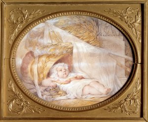 صورة لملك روما بيبي (1811-1832) في خوذة المريخ نابليون الثاني ، دوق رايششتات ، ابن الإمبراطور نابليون الأول (1769-1821) حديث الولادة. الحجر الأسود وورق الحمم البيج بواسطة يوجين إيزابي (1803-1886) مارس 1811. 0،21x0،26 م مالميزون ، متحف د بواسطة لويس يوجين غابرييل إيزابي