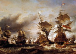 الحرب ضد عصبة أوغسبورغ: "" معركة تيكسل في 29/06/1694 ، انتصار جان بارت (1650-1702) على الأسطول الهولندي لأميرال فريزلاند "" استولى الفرنسيون على سفن هولندية محملة بالقمح. لوحة لويس غابرييل يوجين إيزابي (1803-1886