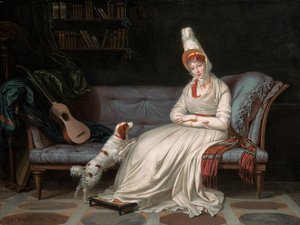 صورة إليزابيث ، سيدة ويبستر ، فيما بعد سيدة هولندا ، في ثوب أبيض مع ذليلها Pierrot ، c.1795 بواسطة لويس جوفير