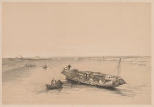 مصر والنوبة: المجلد الأول - رقم 4 ، قوارب العبيد على النيل ، منظر يتطلع نحو ... ، 1838. بواسطة لويس هاجي