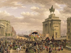 جنازة دوق ويلينغتون ، سيارة الجنازة التي تمر على الممر في Apsley House ، 18 نوفمبر 1852 ، محفورة من قبل توماس بيكن (fl.1838-1870) ، حانة. بواسطة أكرمان وي داي ، 1853