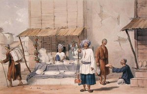 كشك ساقط مع Huzzarehs يحملون الثلج وما إلى ذلك إلى السوق ، من `` شخصيات وأزياء أفغوانستان '' كتبها الكابتن لوكير ويليس هارت ، تم نشره عام 1843 (لون ليثو) بواسطة لويس لاهاي