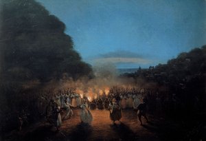 كان البامبولا يرقص مرة الخيزران (أو العصي) في مشهد رقص الرقيق الأسود في جزر الهند الغربية على ضوء المشاعل. لوحة هونور جامين (1803-1871) القرن التاسع عشر لاروشيل ، متحف العالم الجديد بواسطة لويس هونور جامين