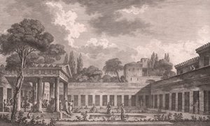 Ideal reconstruction of Villa of Diomedes in Pompeii to its original state before volcano eruption of Mount Vesuvius in 79 AD, Campania, Italy, etching after drawing by Louis Jean Desprez (1743-1804), ca 21x34 cm بواسطة لويس جان (بعد) ديسبريز