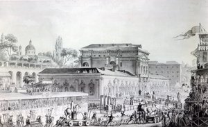 الآثار التي تم العثور عليها في هيركولانيوم يتم نقلها إلى متحف نابولي ، حوالي عام 1782 (قلم حبر ، حبر وألوان مائية على ورق) بواسطة لويس جان ديسبريز