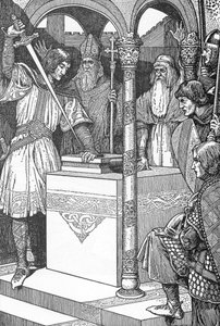 قام آرثر بسحب السيف إكسكاليبور من رسم للسندان رسمه لويس ريد (1858-1926) من المجموعة الخاصة "الملك آرثر وفرسانه" عام 1923 بواسطة لويس جون ريد