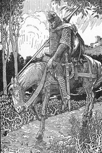 Mordred (Modred) الجروح بعد معركة Camlann ضد والده الملك آرثر (Mordred أصيب بعد معركة Camlann) رسم رسم بواسطة Louis Rhead (1858-1926) من مجموعة خاصة من "King Arthur and his knights" 1923 بواسطة لويس جون ريد