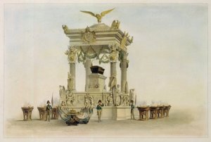 نعش نابليون الأول بونابرت (1769-1821) في كنيسة Invalides (باريس ، فرنسا). (نعش نابليون في الكنيسة في Les Invalides). عمل لويس جول أرنوت (1814-1868) ، طباعة حجرية وألوان مائية. الفن الفرنسي في القرن التاسع عشر والكلاسيكية.