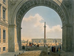 ساحة القصر ، منظر من مقر قيادة الجيش ، سانت بطرسبرغ ، طبعه Lemercier ، باريس ، أربعينيات القرن التاسع عشر (ليثو ملون)