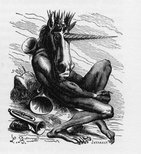 شيطان AMDUSCIAS في Ars Goetia - Amdusias - شيطان مشتق من معتقدات goetie (فن وممارسة استدعاء الشياطين) - في "القاموس الجهنمي" بواسطة Collin de Plancy - نقش بواسطة L. Breton. باريس بواسطة لويس لو بريتون