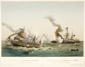 Combat Naval entre le Kearsage & l؟ Alabama، pub. 1864 (الطباعة الحجرية الملونة) بواسطة لويس لو بريتون