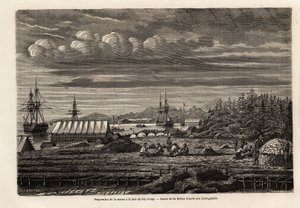 Preparation of cod at the bay of Cap Rouge, cleaning the fish and collecting livers to extract oil from the strike, then salting in the cabin on stilts, drawing by Lebreton, to illustrate the voyage to Newfoundland in 1860 by A. de Gobineau. Engraving in “