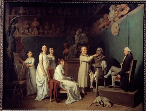 ورشة النحات جان بابتيست هودون (1741-1828). كان نموذج النحات عالم الرياضيات بيير سيمون لابلاس (1749-1827) ماركيز دي لابلاس في حضور زوجته وبناته. لوحة لويس ليوبولد بويلي (1761-1845) 1804 باريس ، دي بواسطة لويس ليوبولد بويلي