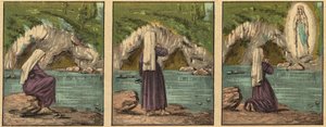 ظهور العذراء مريم في لورد - تظهر العذراء لبرناديت سوبيروس (1844-1879) في لورد عام 1858 - - نقش من "" التعليم الديني بالعيون. ألبوم رائع "للويس مايترجين وجورجيت راموند - فرنسا 1910 بواسطة لويس مايترجين
