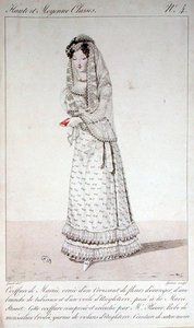 فستان الزفاف وكوافير ، لوحة الموضة رقم 4 من سلسلة "Haute et Moyenne Classes" ، نقشها جورج جاك جاتين (1773-1831) أوائل القرن التاسع عشر (نقش ملون) بواسطة لويس ماري (بعد) لانتي