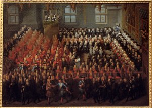 Bed of Justice held by Louis XV (1710-1774) in the Grand Chamber of the Parliament of Paris to break the will of Louis XIV (1638-1715) بواسطة لويس ميشيل دومسنيل