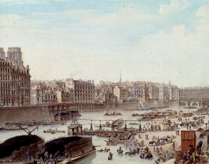 الحياة البحرية على أرصفة الميناء في باريس عام 1782 بينيش وأنشطة تجارية على نهر السين. التفاصيل. رسم لويس دي ليسبيناس (1734-1808) 1782. باريس ، متحف كارنافالي